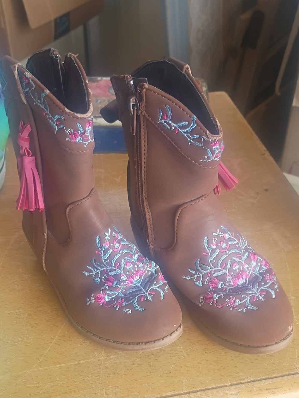 Brown Girls' Embroidered Western Boots with Pink Tassels